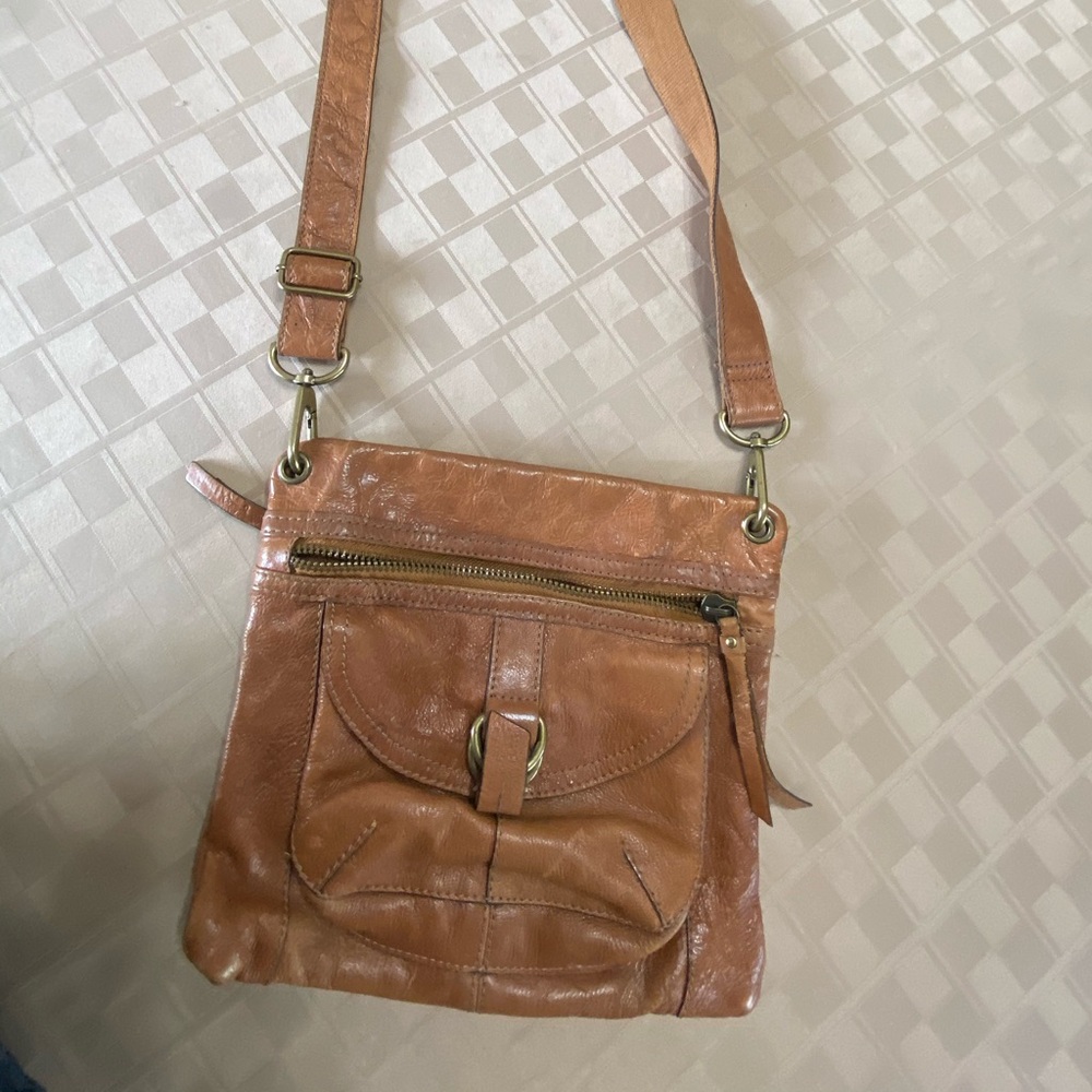 Fossil Leather Crossbody Brown Handbag Gold‎ Tone Hardware 10” X 10” Adjustable